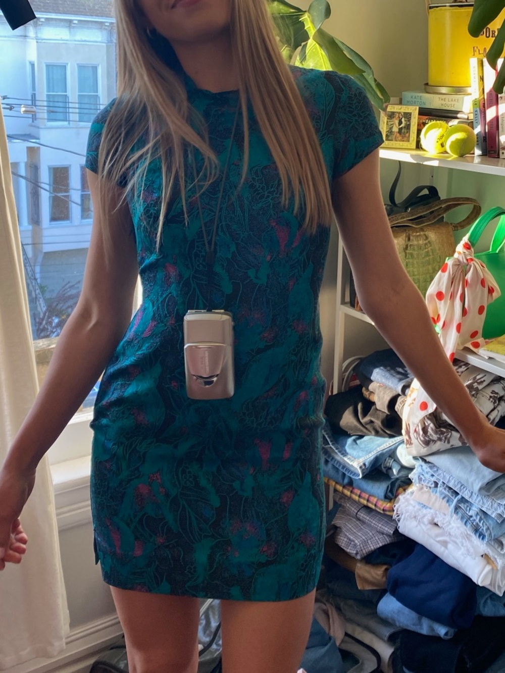 Custom made Teal Floral mini dress Short Sleeve Cheongsam Dress